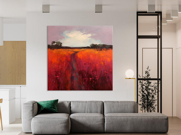 Landscape Canvas Paintings, Acrylic Abstract Art on Canvas, Red Poppy Flower Field Painting, Landscape Acrylic Painting, Living Room Wall Art Paintings-Paintingforhome