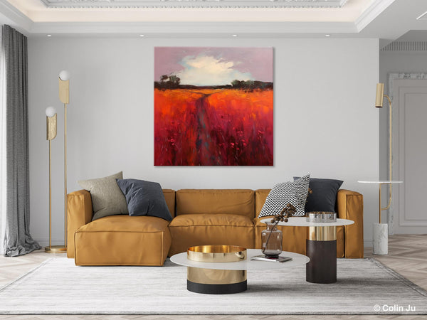 Landscape Canvas Paintings, Acrylic Abstract Art on Canvas, Red Poppy Flower Field Painting, Landscape Acrylic Painting, Living Room Wall Art Paintings-Paintingforhome