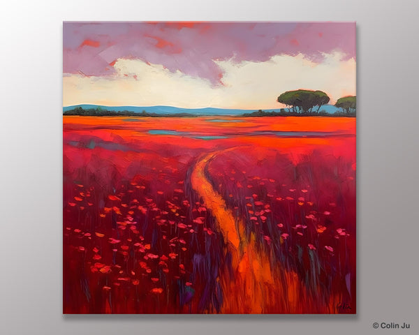Original Hand Painted Wall Art, Landscape Paintings for Living Room, Abstract Canvas Painting, Abstract Landscape Art, Red Poppy Field Painting-Paintingforhome