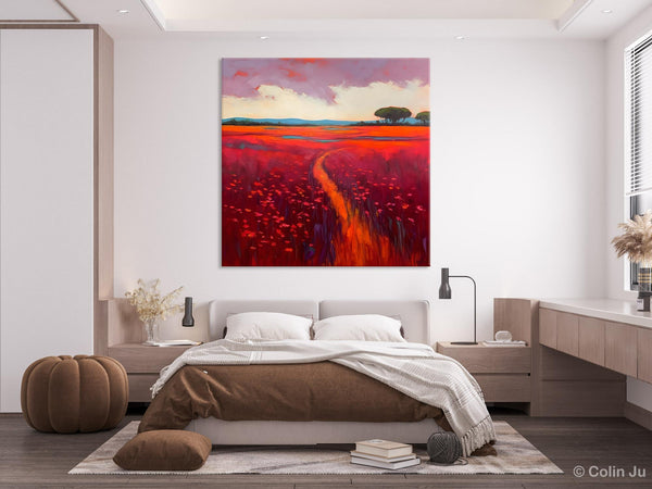Original Hand Painted Wall Art, Landscape Paintings for Living Room, Abstract Canvas Painting, Abstract Landscape Art, Red Poppy Field Painting-Paintingforhome