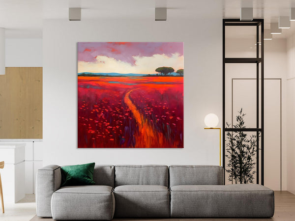 Original Hand Painted Wall Art, Landscape Paintings for Living Room, Abstract Canvas Painting, Abstract Landscape Art, Red Poppy Field Painting-Paintingforhome