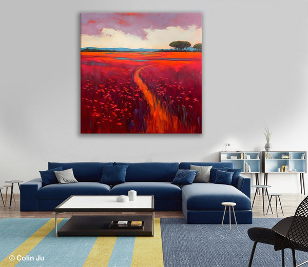 Original Hand Painted Wall Art, Landscape Paintings for Living Room, Abstract Canvas Painting, Abstract Landscape Art, Red Poppy Field Painting-Paintingforhome