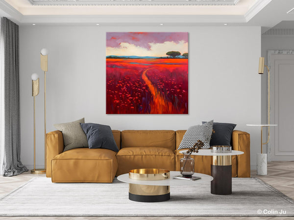 Original Hand Painted Wall Art, Landscape Paintings for Living Room, Abstract Canvas Painting, Abstract Landscape Art, Red Poppy Field Painting-Paintingforhome