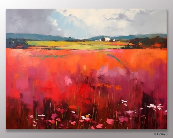 Abstract Canvas Painting, Landscape Paintings for Living Room, Red Poppy Field Painting, Original Hand Painted Wall Art, Abstract Landscape Art-Paintingforhome