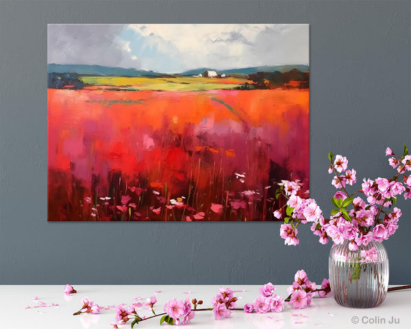 Abstract Canvas Painting, Landscape Paintings for Living Room, Red Poppy Field Painting, Original Hand Painted Wall Art, Abstract Landscape Art-Paintingforhome