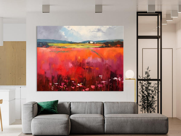 Abstract Canvas Painting, Landscape Paintings for Living Room, Red Poppy Field Painting, Original Hand Painted Wall Art, Abstract Landscape Art-Paintingforhome
