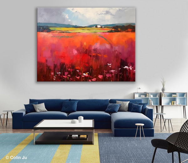 Abstract Canvas Painting, Landscape Paintings for Living Room, Red Poppy Field Painting, Original Hand Painted Wall Art, Abstract Landscape Art-Paintingforhome