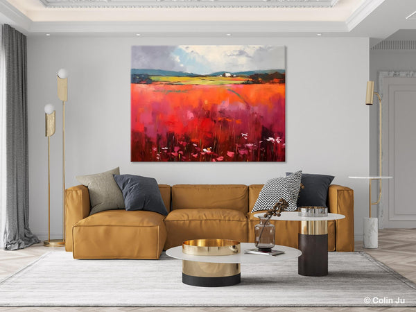 Abstract Canvas Painting, Landscape Paintings for Living Room, Red Poppy Field Painting, Original Hand Painted Wall Art, Abstract Landscape Art-Paintingforhome