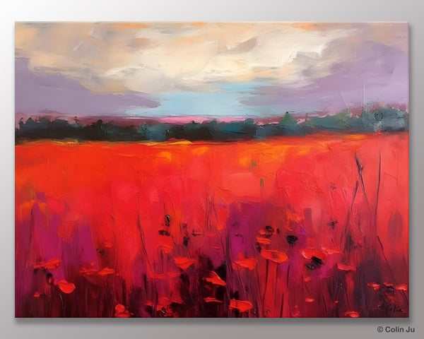 Simple Modern Art, Original Landscape Painting, Landscape Paintings for Living Room, Poppy Filed Canvas Paintings, Large Wall Art Paintings-Paintingforhome