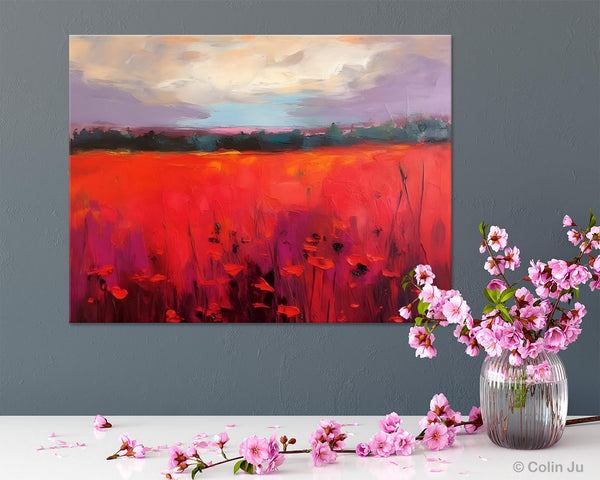 Simple Modern Art, Original Landscape Painting, Landscape Paintings for Living Room, Poppy Filed Canvas Paintings, Large Wall Art Paintings-Paintingforhome