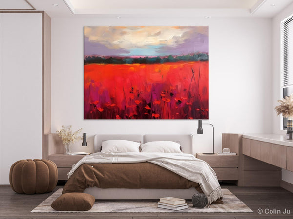 Simple Modern Art, Original Landscape Painting, Landscape Paintings for Living Room, Poppy Filed Canvas Paintings, Large Wall Art Paintings-Paintingforhome