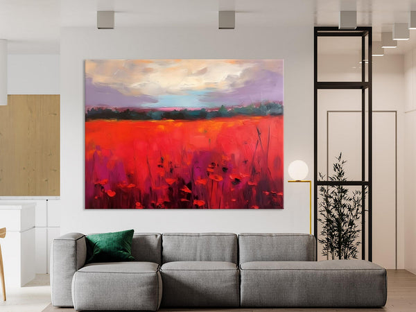 Simple Modern Art, Original Landscape Painting, Landscape Paintings for Living Room, Poppy Filed Canvas Paintings, Large Wall Art Paintings-Paintingforhome