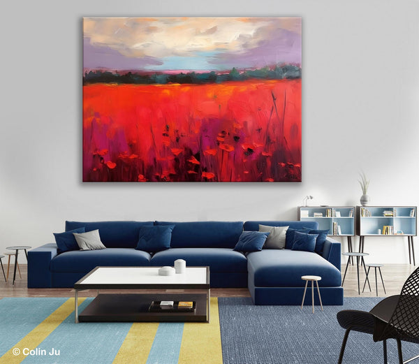 Simple Modern Art, Original Landscape Painting, Landscape Paintings for Living Room, Poppy Filed Canvas Paintings, Large Wall Art Paintings-Paintingforhome