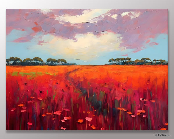 Acrylic Abstract Art, Landscape Canvas Paintings, Red Poppy Flower Field Painting, Landscape Acrylic Painting, Living Room Wall Art Paintings-Paintingforhome
