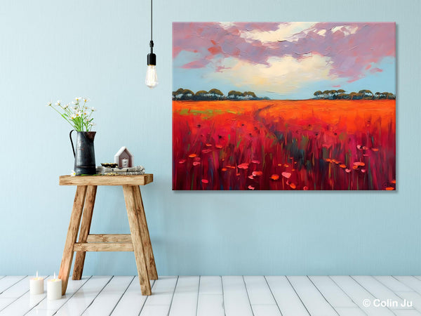 Acrylic Abstract Art, Landscape Canvas Paintings, Red Poppy Flower Field Painting, Landscape Acrylic Painting, Living Room Wall Art Paintings-Paintingforhome