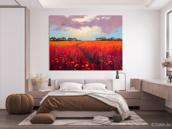Acrylic Abstract Art, Landscape Canvas Paintings, Red Poppy Flower Field Painting, Landscape Acrylic Painting, Living Room Wall Art Paintings-Paintingforhome