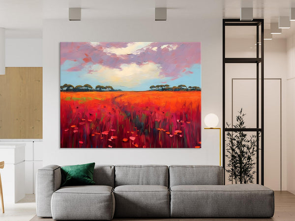 Acrylic Abstract Art, Landscape Canvas Paintings, Red Poppy Flower Field Painting, Landscape Acrylic Painting, Living Room Wall Art Paintings-Paintingforhome