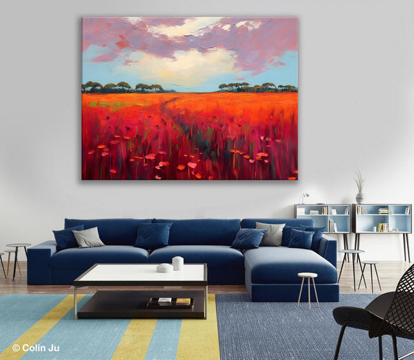 Acrylic Abstract Art, Landscape Canvas Paintings, Red Poppy Flower Field Painting, Landscape Acrylic Painting, Living Room Wall Art Paintings-Paintingforhome