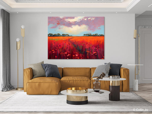 Acrylic Abstract Art, Landscape Canvas Paintings, Red Poppy Flower Field Painting, Landscape Acrylic Painting, Living Room Wall Art Paintings-Paintingforhome