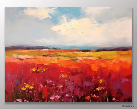 Extra Large Wall Art Painting, Landscape Canvas Painting for Living Room, Flower Field Acrylic Paintings, Original Landscape Acrylic Artwork-Paintingforhome