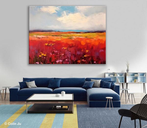 Extra Large Wall Art Painting, Landscape Canvas Painting for Living Room, Flower Field Acrylic Paintings, Original Landscape Acrylic Artwork-Paintingforhome