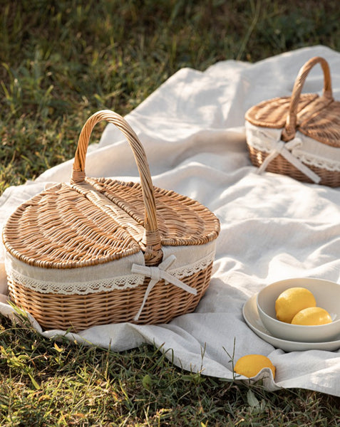 Picnic Storage Basket with Handle, Extra Large Kitchen Storage Baskets, Natural Hand-woven Wicker Storage Basket, Lovely Willow Weaving Baskets for Vegetable, Natural Fruit Storage Baskets-Paintingforhome