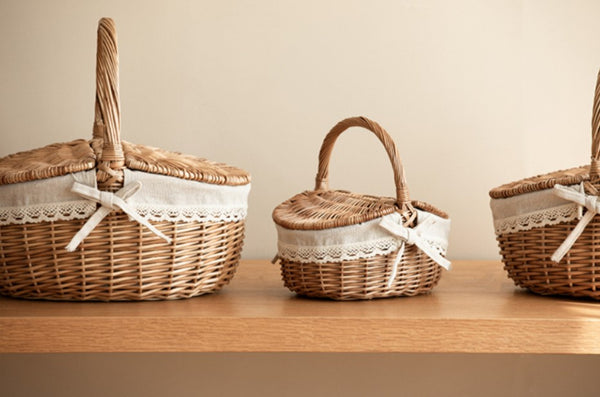 Picnic Storage Basket with Handle, Extra Large Kitchen Storage Baskets, Natural Hand-woven Wicker Storage Basket, Lovely Willow Weaving Baskets for Vegetable, Natural Fruit Storage Baskets-Paintingforhome
