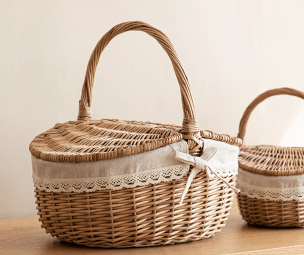 Picnic Storage Basket with Handle, Extra Large Kitchen Storage Baskets, Natural Hand-woven Wicker Storage Basket, Lovely Willow Weaving Baskets for Vegetable, Natural Fruit Storage Baskets-Paintingforhome