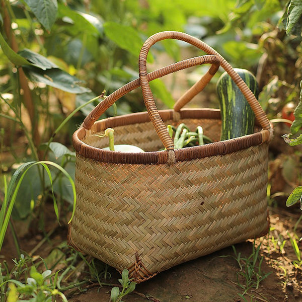 Storage Basket with Handle, Large Kitchen Storage Baskets, Natural Hand-woven Bamboo Storage Basket, Lovely Bamboo Weaving Baskets for Vegetable, Picnic Fruit Storage Baskets-Paintingforhome