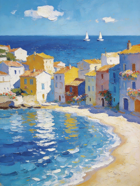 Landscape Paintings for Bedroom, Seaside Hamlet Picturesque View, Hand Painted Canvas Art, Small Oil Paintings, Palette Knife Artwork, Original Canvas Paintings-Paintingforhome