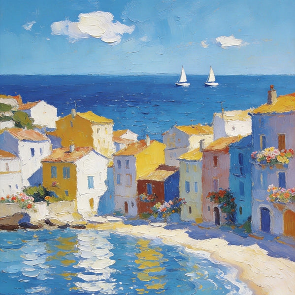 Landscape Paintings for Bedroom, Seaside Hamlet Picturesque View, Hand Painted Canvas Art, Small Oil Paintings, Palette Knife Artwork, Original Canvas Paintings-Paintingforhome