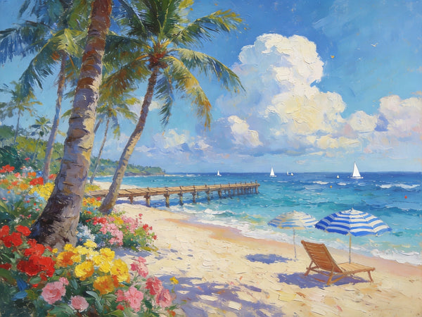 Canvas Paintings for Living Room, Beach with Palm Perfection, Hand Painted Canvas Art, Small Oil Paintings, Small Wall Art Paintings, Original Landscape Paintings-Paintingforhome