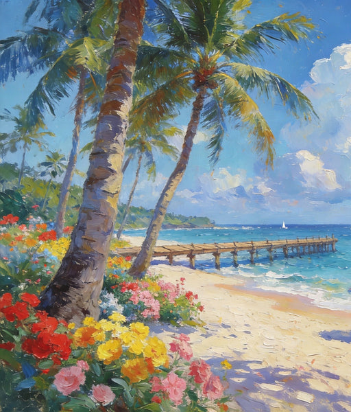 Canvas Paintings for Living Room, Beach with Palm Perfection, Hand Painted Canvas Art, Small Oil Paintings, Small Wall Art Paintings, Original Landscape Paintings-Paintingforhome