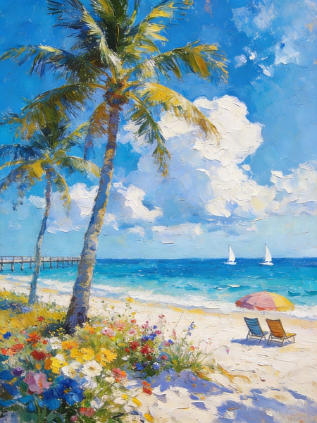 Hand Painted Canvas Wall Art, Tropical Beach Tranquility, Palm Trees Seashore Paintings, Original Oil Paintings, Small Canvas Paintings, Heavy Texture Artwork, Small Canvas Paintings-Paintingforhome