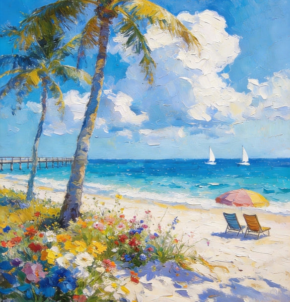 Hand Painted Canvas Wall Art, Tropical Beach Tranquility, Palm Trees Seashore Paintings, Original Oil Paintings, Small Canvas Paintings, Heavy Texture Artwork, Small Canvas Paintings-Paintingforhome