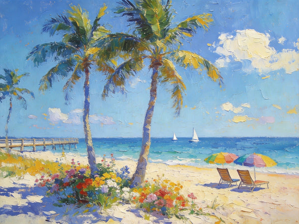 Summer Resort, Seaside Tranquility, Seashore Palm Tree Painting, Landscape Canvas Paintings, Hand Painted Canvas Art, Small Oil Paintings, Small Wall Art Paintings, Original Canvas Paintings-Paintingforhome