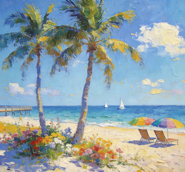 Summer Resort, Seaside Tranquility, Seashore Palm Tree Painting, Landscape Canvas Paintings, Hand Painted Canvas Art, Small Oil Paintings, Small Wall Art Paintings, Original Canvas Paintings-Paintingforhome