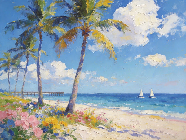 Landscape Paintings on Canvas, Beach Paradise with Palm Trees, Seashore Beach Paintings, Buy Paintings Online, Palette Knife Oil Paintings, Hand Painted Canvas Art, Original Oil Paintings-Paintingforhome