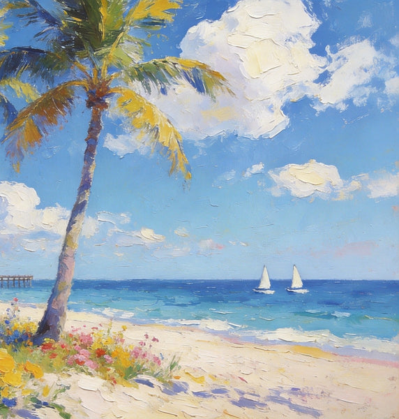 Landscape Paintings on Canvas, Beach Paradise with Palm Trees, Seashore Beach Paintings, Buy Paintings Online, Palette Knife Oil Paintings, Hand Painted Canvas Art, Original Oil Paintings-Paintingforhome