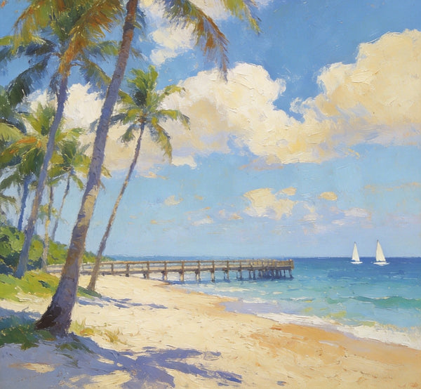 Palette Knife Artwork, Sandy Shores and Palm Tree, Hand Painted Canvas Art, Small Oil Paintings, Original Canvas Paintings, Landscape Paintings for Bedroom-Paintingforhome