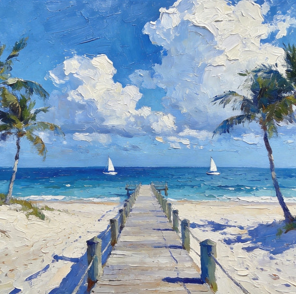 Heavy Texture Oil Paintings, Beach Paradise by the Sea, Seashore Palm Tree Paintings, Landscape Canvas Paintings, Original Oil Paintings, Landscape Paintings on Canvas, Hand Painted Canvas Art-Paintingforhome