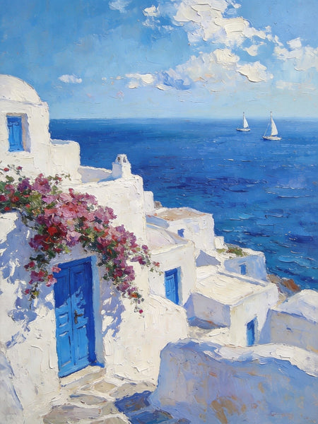 On Canvas Small Paintings, Mediterranean Bliss by the Aegean, Seashore Painting, Beach Oil Paintings, Landscape Canvas Paintings, Original Landscape Paintings, Hand Painted Canvas Art-Paintingforhome