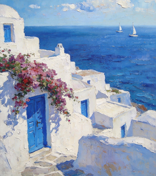 On Canvas Small Paintings, Mediterranean Bliss by the Aegean, Seashore Painting, Beach Oil Paintings, Landscape Canvas Paintings, Original Landscape Paintings, Hand Painted Canvas Art-Paintingforhome