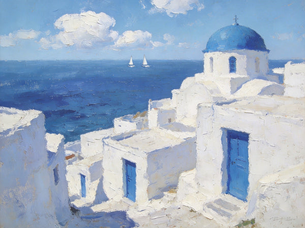 Palette Knife Oil Paintings, Aegean's Azure Allure, Seashore Beach Paintings, Landscape Canvas Paintings, Small Landscape Paintings on Canvas, Hand Painted Canvas Art, Original Oil Paintings-Paintingforhome
