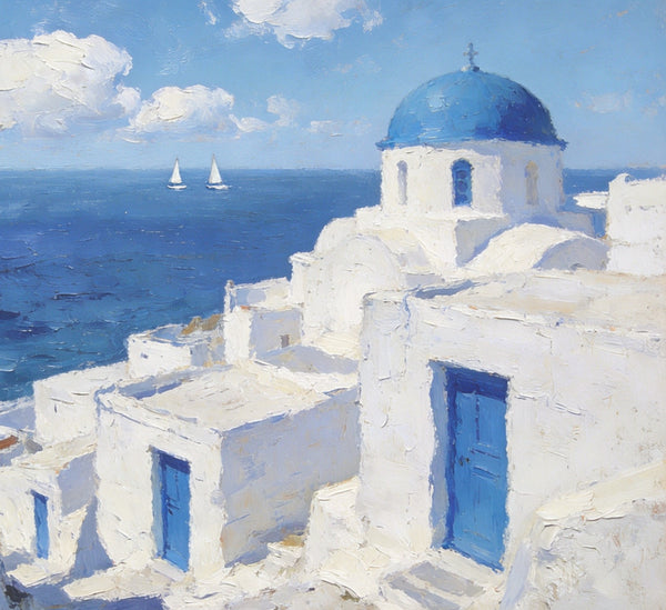 Palette Knife Oil Paintings, Aegean's Azure Allure, Seashore Beach Paintings, Landscape Canvas Paintings, Small Landscape Paintings on Canvas, Hand Painted Canvas Art, Original Oil Paintings-Paintingforhome