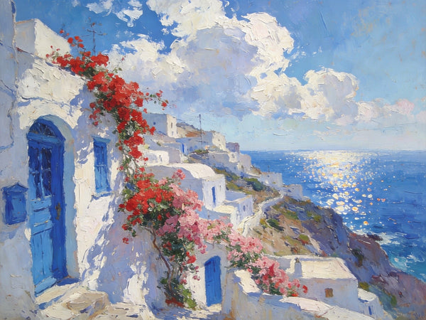 Small Original Oil Paintings, Coastal Charm of the Aegean, Hand Painted Canvas Art, Landscape Wall Art Paintings, Landscape Paintings for Living Room-Paintingforhome