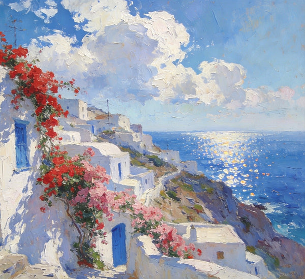 Small Original Oil Paintings, Coastal Charm of the Aegean, Hand Painted Canvas Art, Landscape Wall Art Paintings, Landscape Paintings for Living Room-Paintingforhome