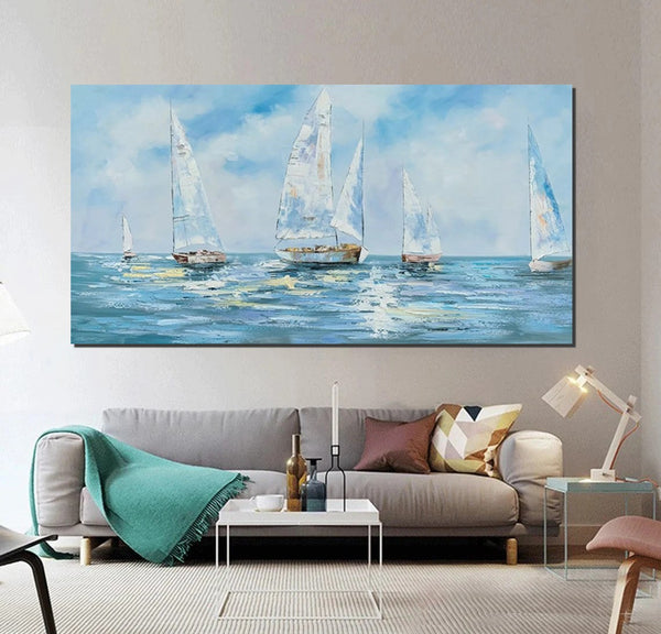 Sail Boat Acrylic Paintings on Canvas, Hand Painted Wall Art Paintings, Contemporary Canvas Artwork, Abstract Wall Art Paintings, Modern Art Paintings for Dining Room-Paintingforhome