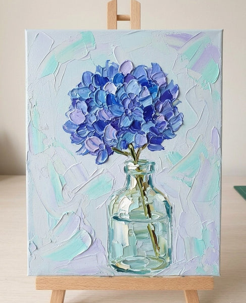 Hand Painted Canvas Artwork, Blue Hydrangea Flowers in Glass Vase, Original Flower Paintings, Original Acrylic Painting on Canvas, Small Canvas Artwork for Sale, Impasto Canvas Art