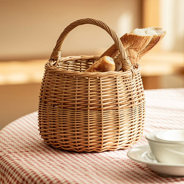 Storage Basket for Kitchen, Picnic Storage Basket with Handle, Hand-woven Wicker Storage Basket, Natural Fruit Basket, Willow Weaving Baskets for Vegetable-Paintingforhome